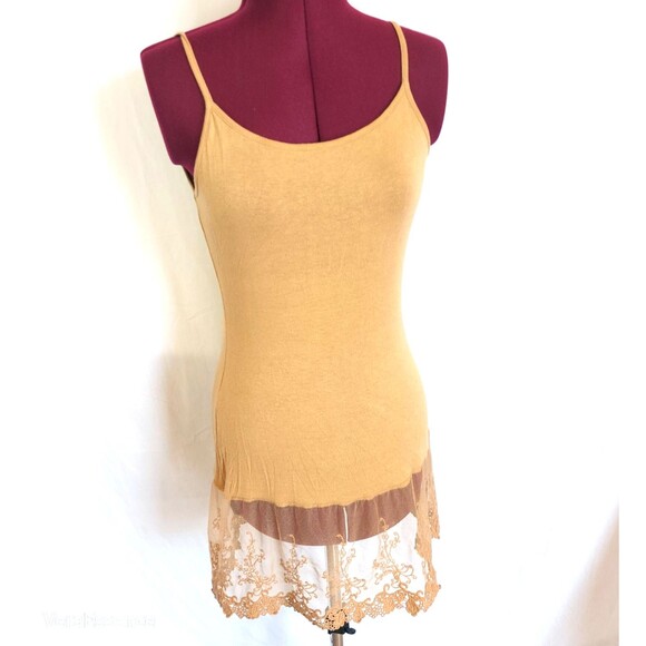 Women's Beige LACE Trim Solid Slip Extender Spaghetti Straps Camisole Dress Sz P - Picture 1 of 6